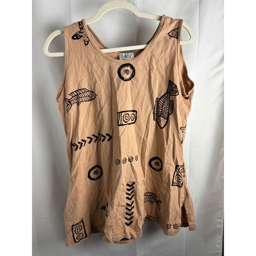 Retro Jostar Tan Tribal Fish Print Sleeveless Tank Top Made‎ in USA Womens L